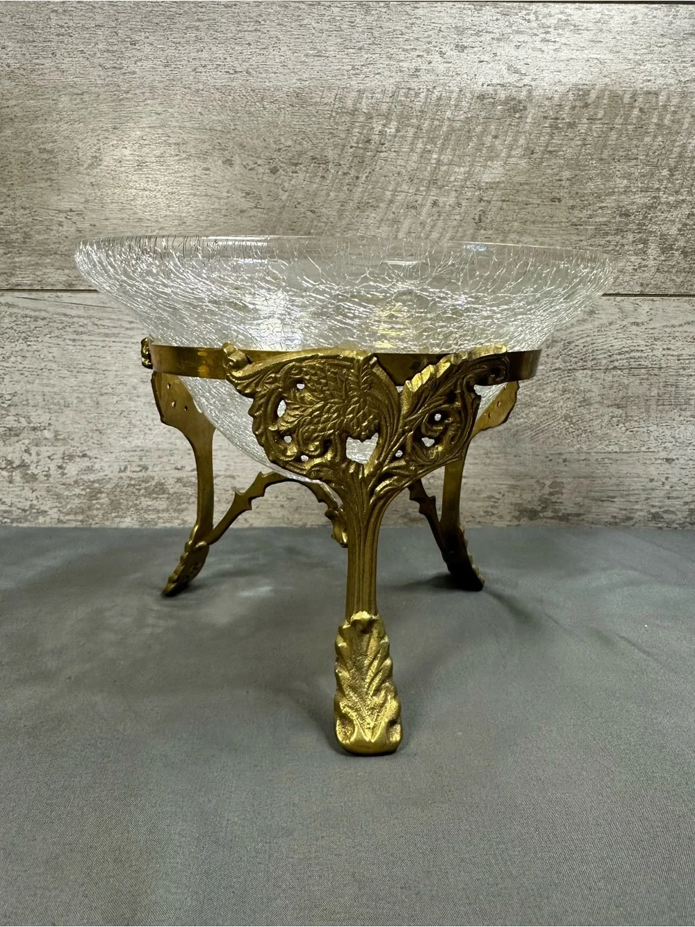 Vintage Crackle Glass Bowl with Ornate Brass Tripod Stand Centerpiece